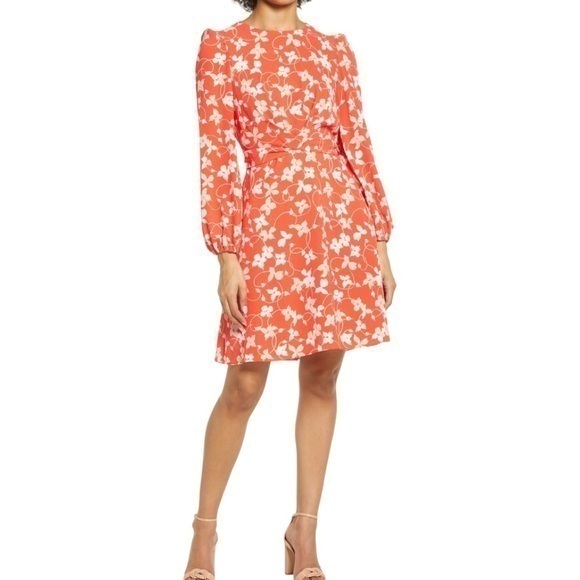 Eliza J Red Floral Print Long Sleeve Crepe Dress Size 14 New - Picture 1 of 12